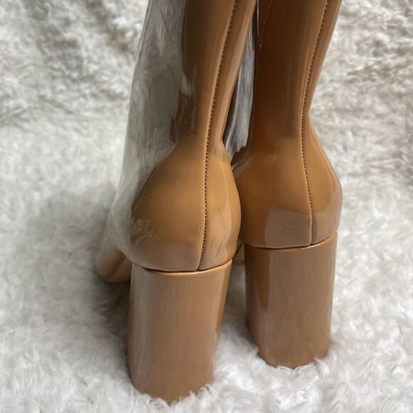 SHEIN Patent tan mid calf Boots pointed toe side zipper block heels size 11 - Picture 3 of 10